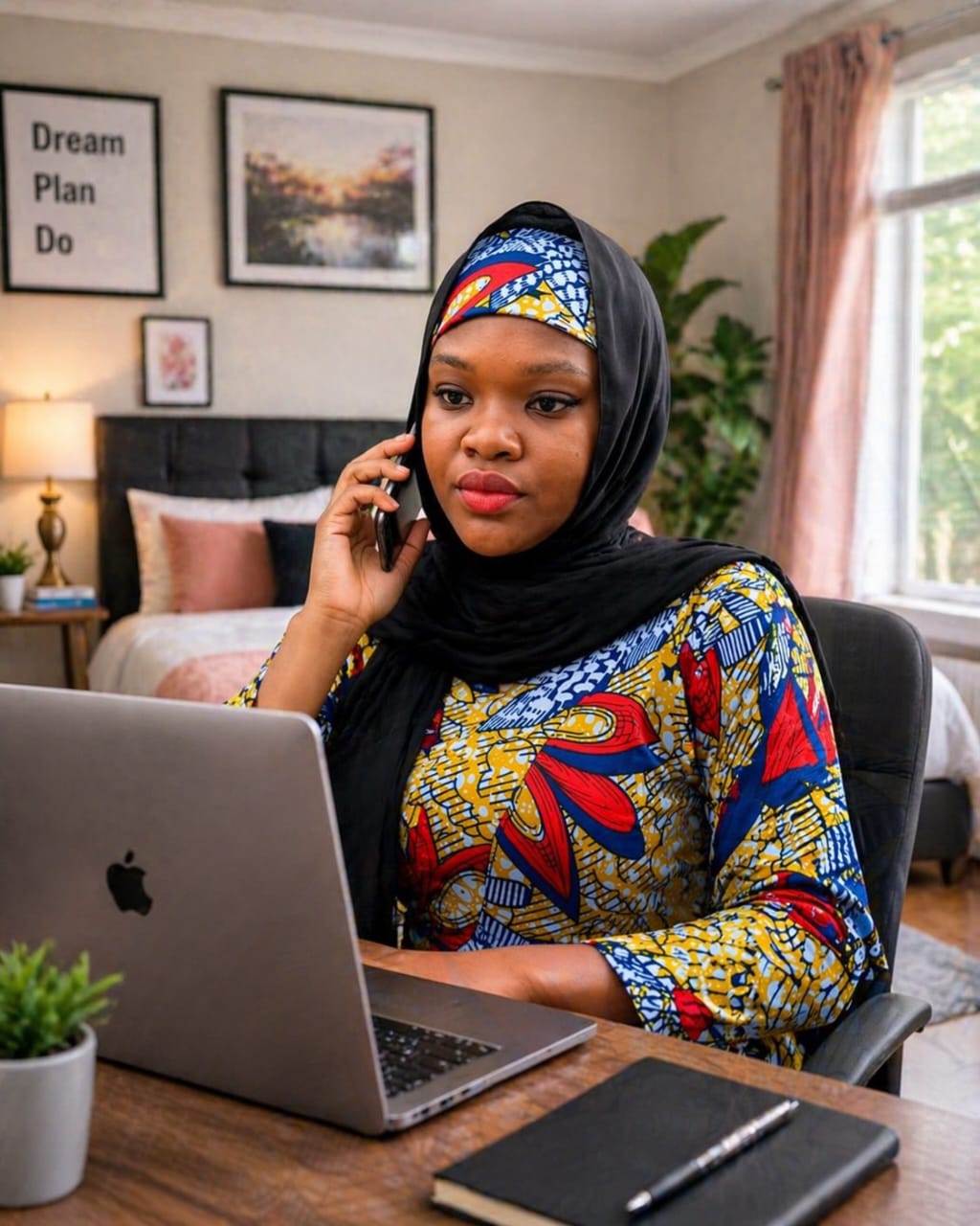 Salami Francisca Opemi taking a client call while working on a laptop