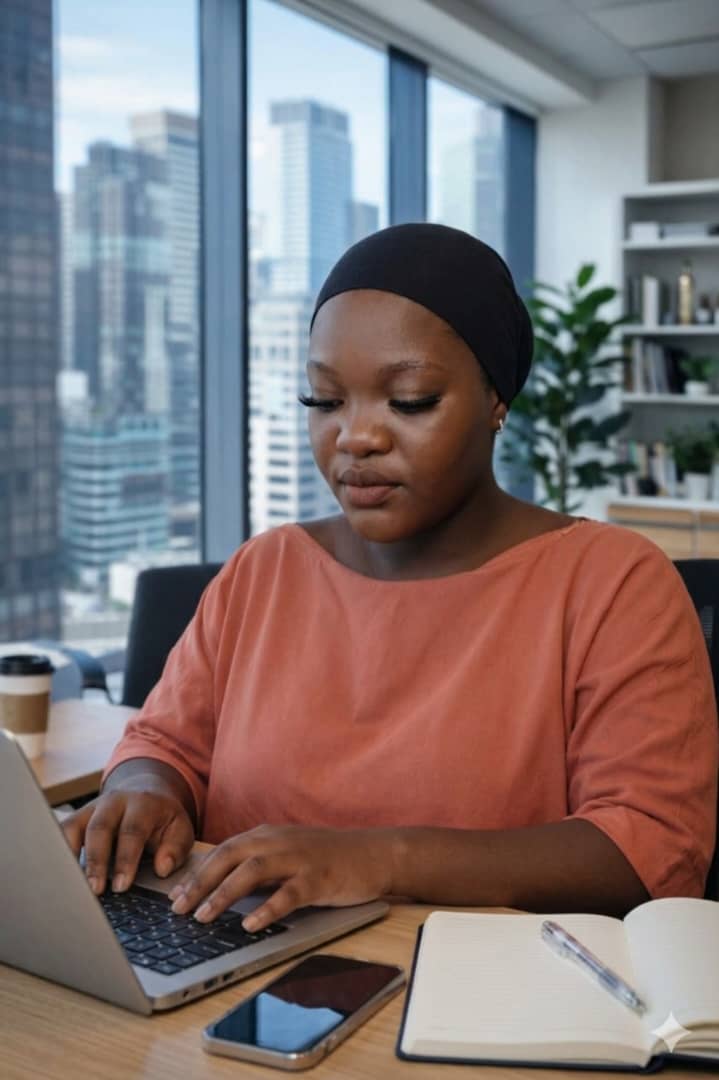 Salami Francisca Opemi preparing documentation with laptop and notes