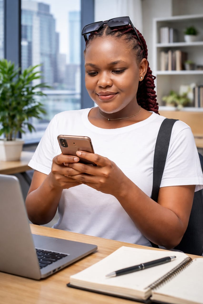 Salami Francisca Opemi coordinating tasks and appointments from her phone